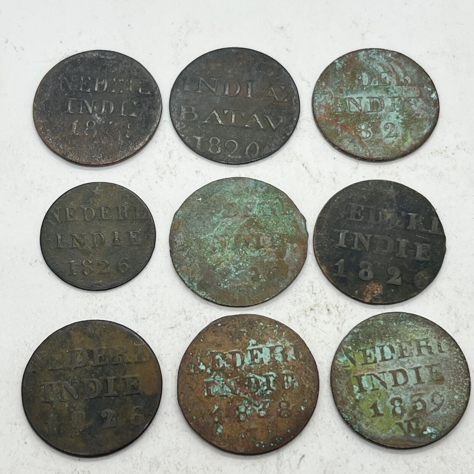 9x - 1800’s Authentic Copper Duit Shipwreck Coin East India Co Indonesia Dutch A