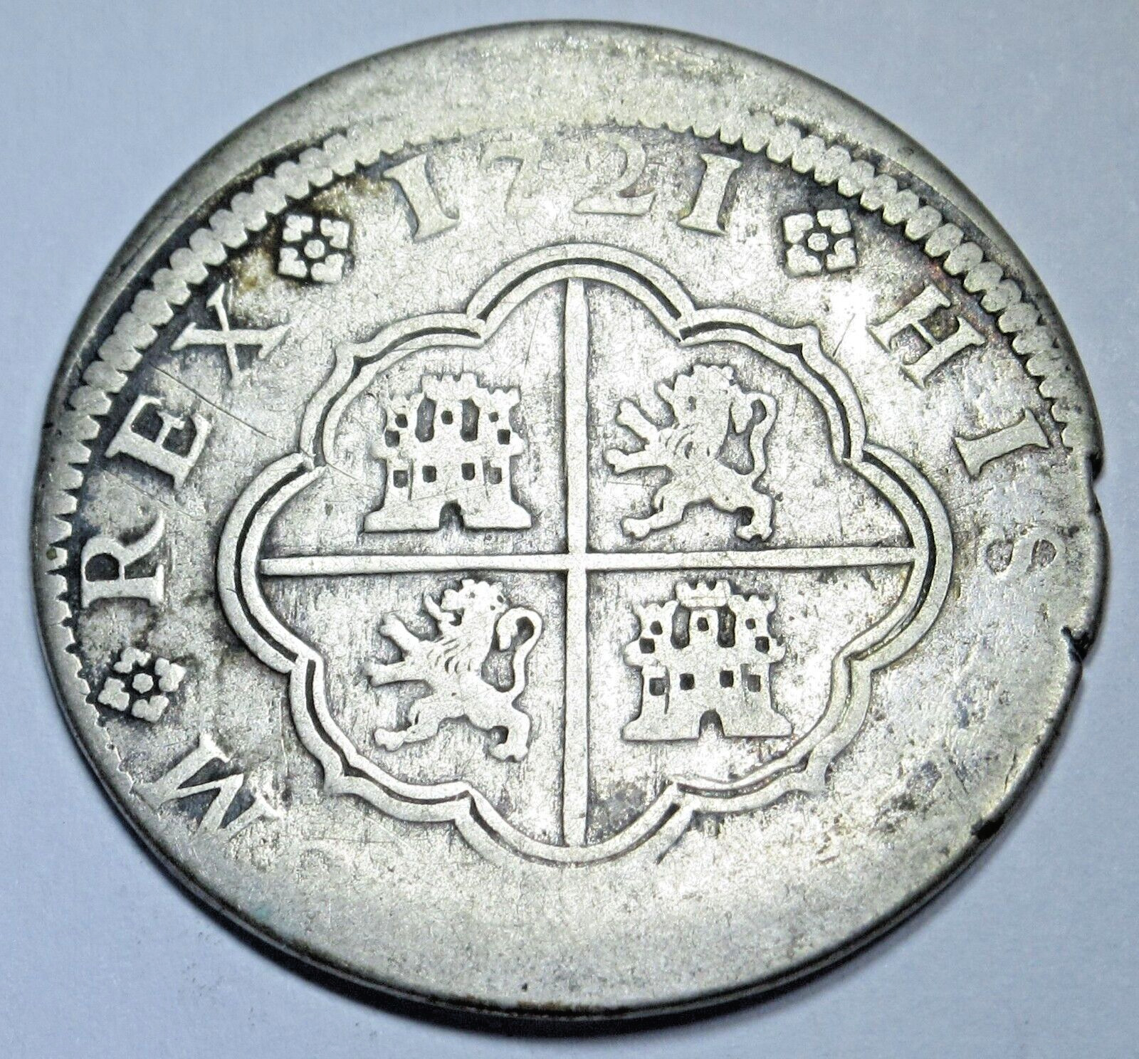 1721 Spanish Silver 2 Reales Antique 1700's Colonial Cross Two Bits Pirate Coin