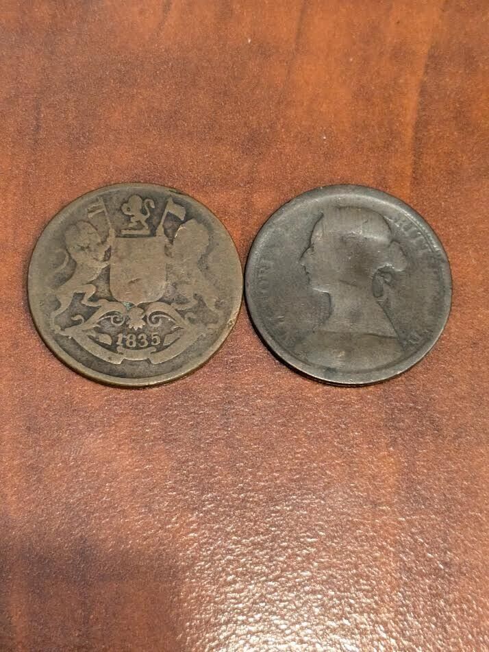 Old Foreign 1800s Coins British One Penny and One quarter anna.