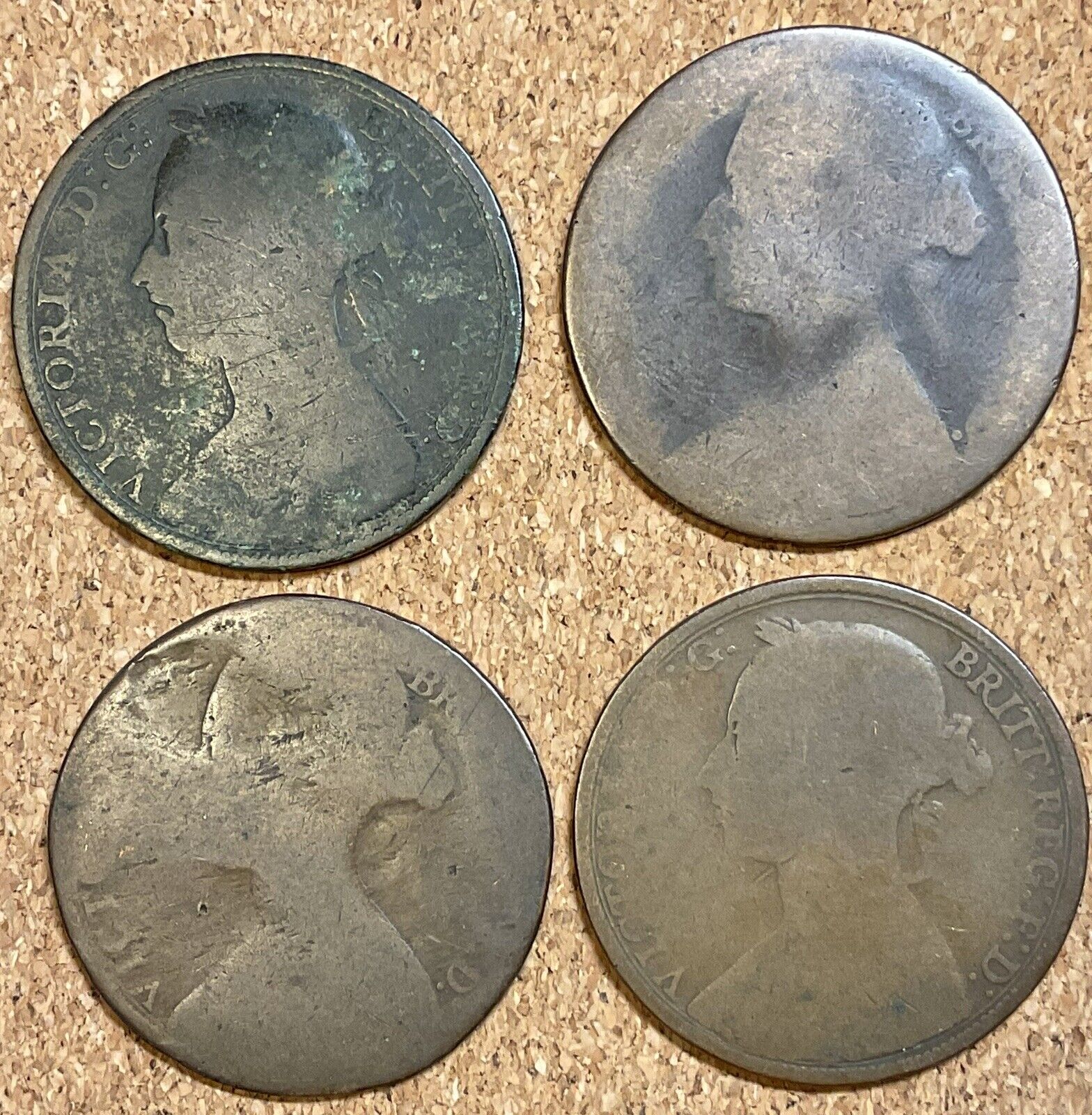 🇬🇧 QUEEN VICTORIA BRITISH 1800S PENNIES LOT OF 4 ANTIQUE PENNY COINS 1861-1891