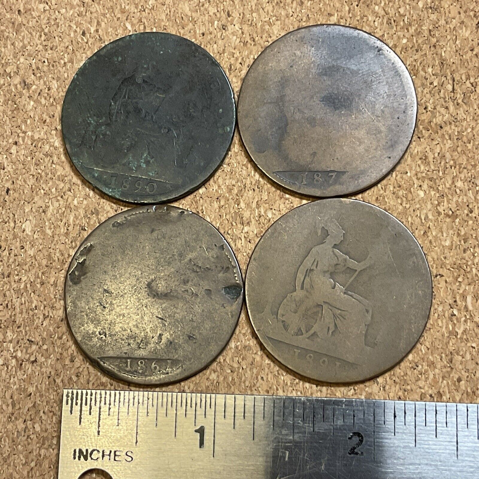 🇬🇧 QUEEN VICTORIA BRITISH 1800S PENNIES LOT OF 4 ANTIQUE PENNY COINS 1861-1891