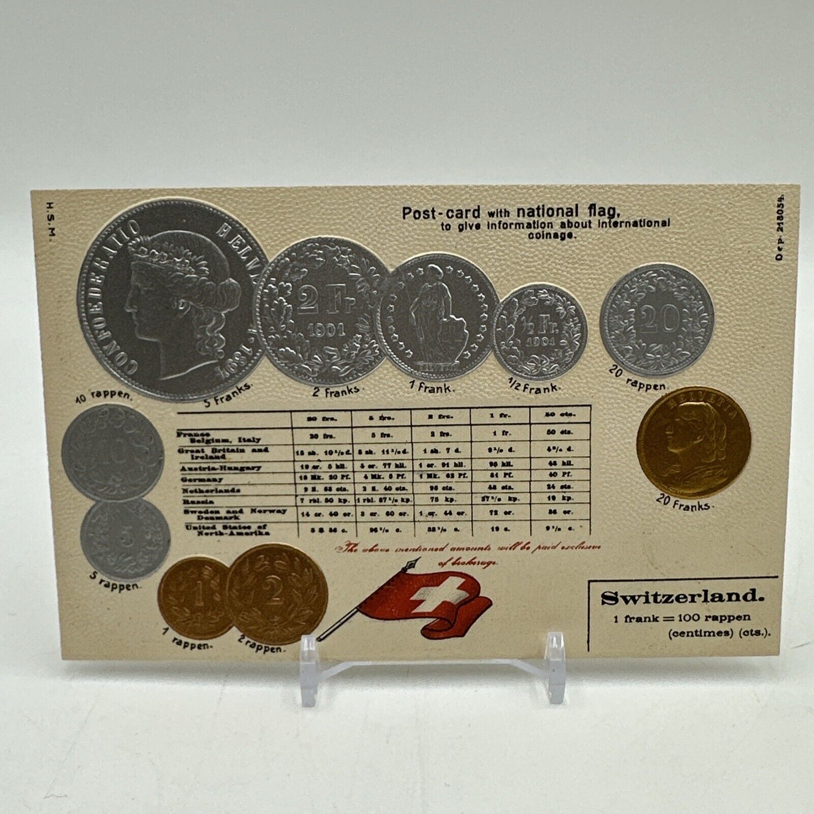 SWITZERLAND 1800'S EMBOSSED 10 COINS ON POSTCARD COIN ON POSTCARD FLAG G 21805
