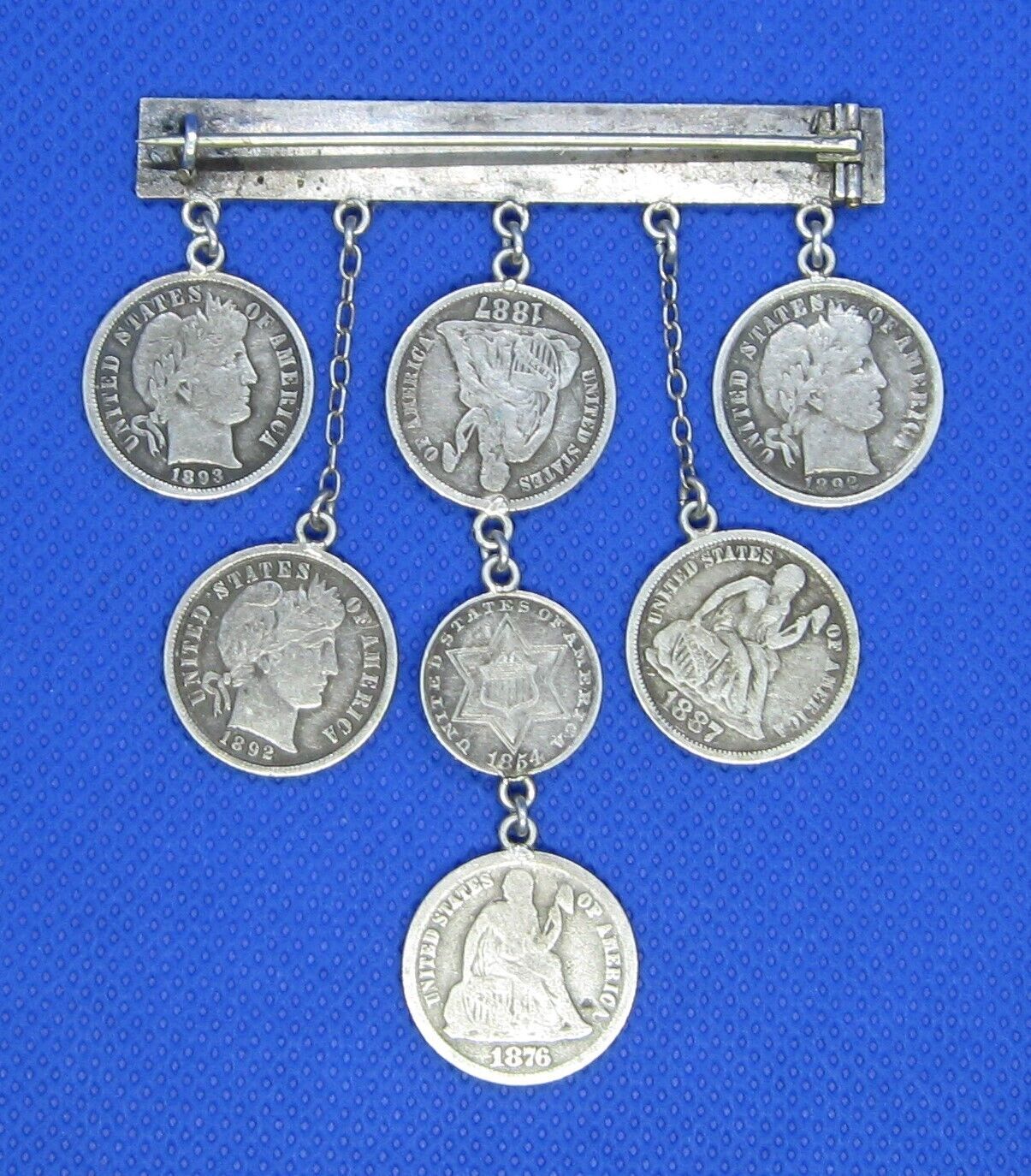 Antique 1800's Victorian Silver Figural Love Token Coin Brooch Set 7 U.S. Coins
