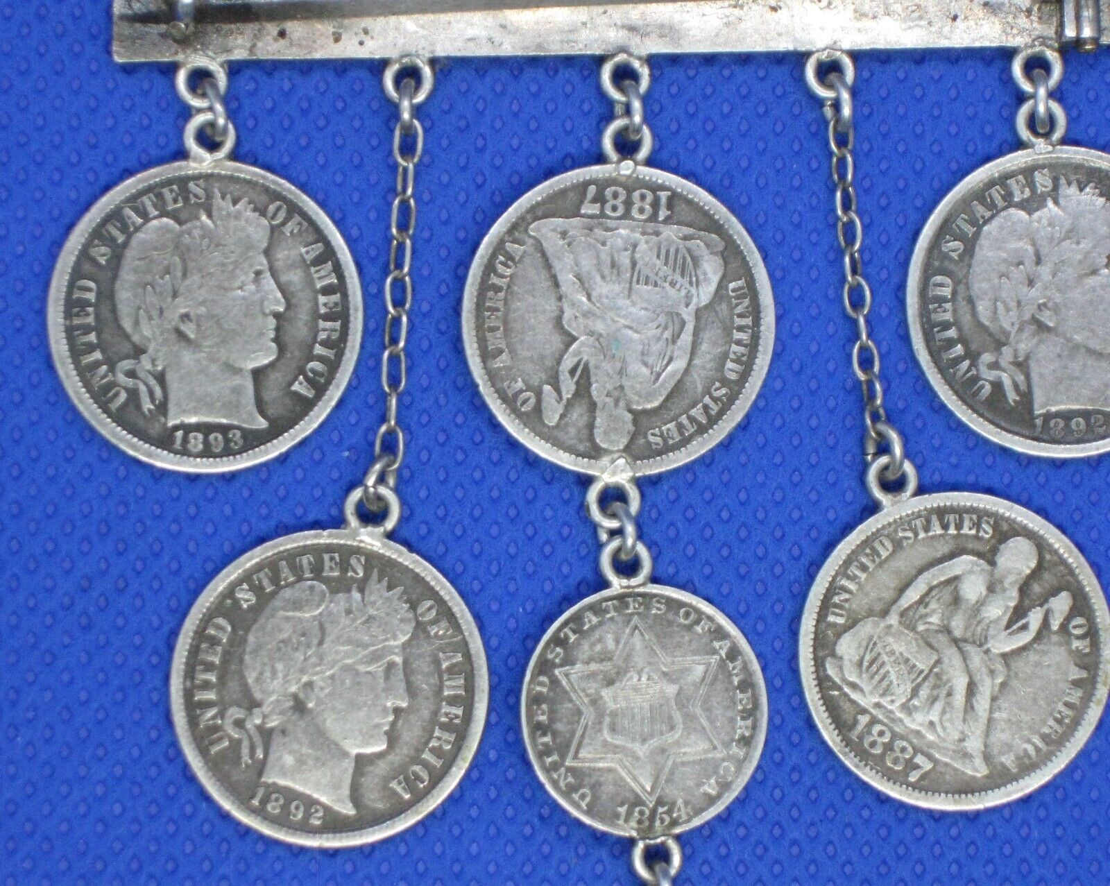 Antique 1800's Victorian Silver Figural Love Token Coin Brooch Set 7 U.S. Coins
