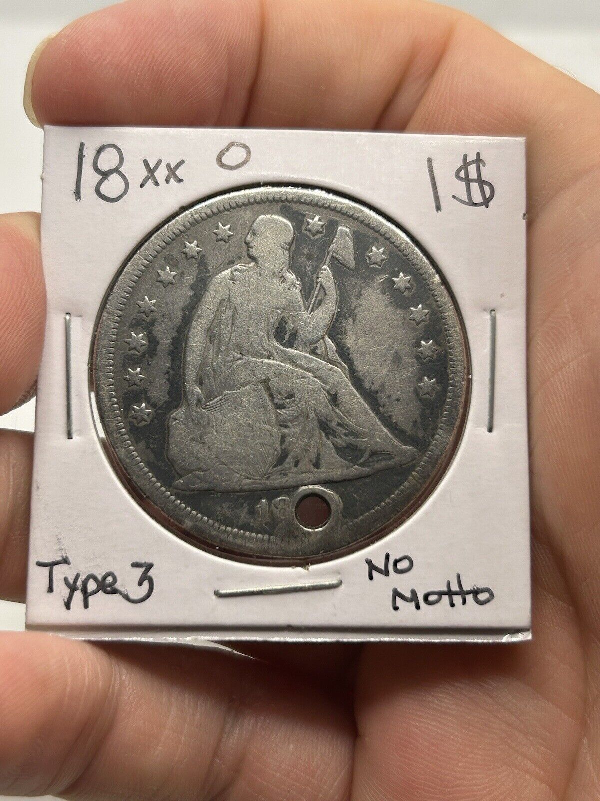 1800s O SEATED LIBERTY SILVER DOLLAR VG+ DETAILS HOLED NICE TYPE COIN