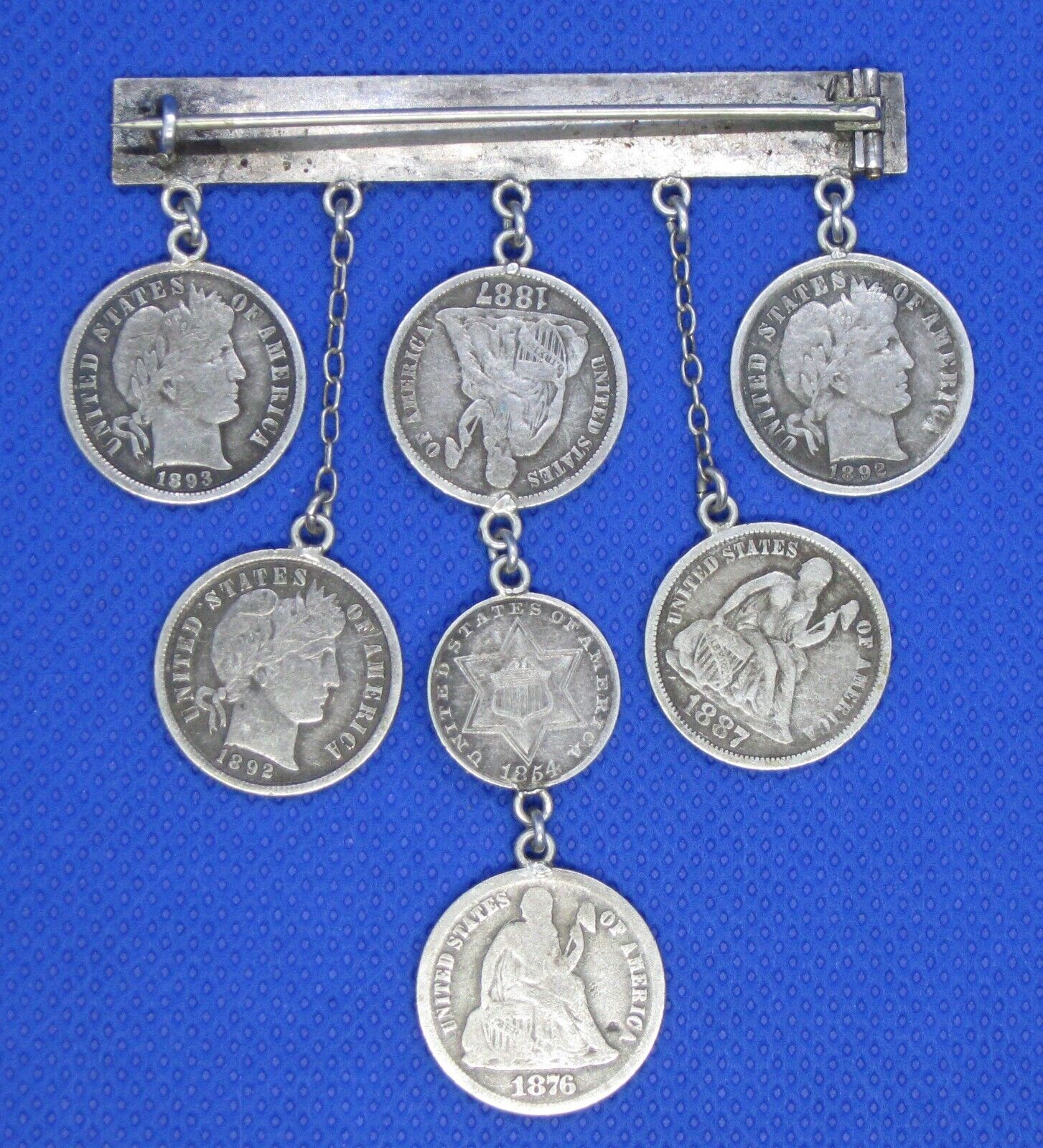 Antique 1800's Victorian Silver Figural Love Token Coin Brooch Set 7 U.S. Coins