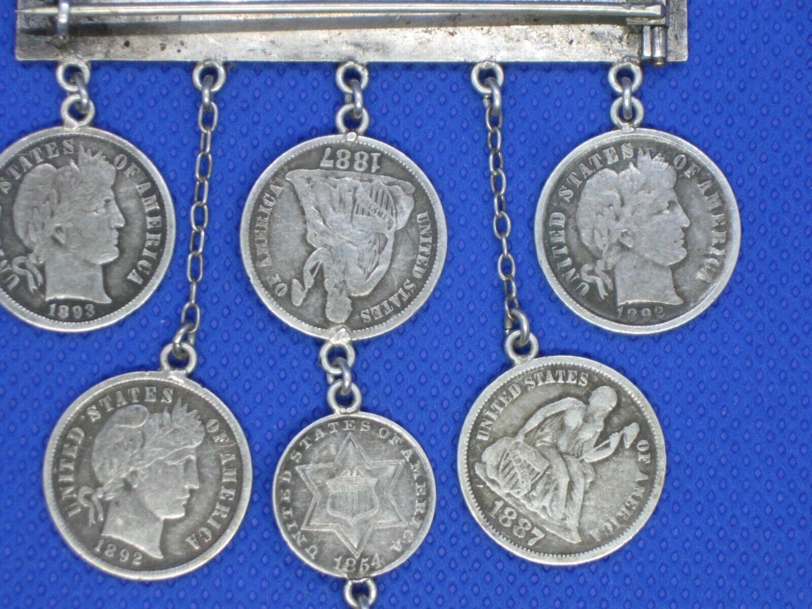 Antique 1800's Victorian Silver Figural Love Token Coin Brooch Set 7 U.S. Coins