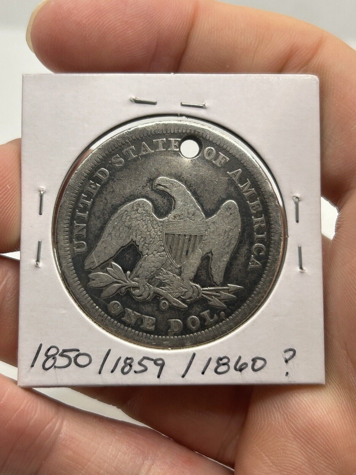 1800s O SEATED LIBERTY SILVER DOLLAR VG+ DETAILS HOLED NICE TYPE COIN