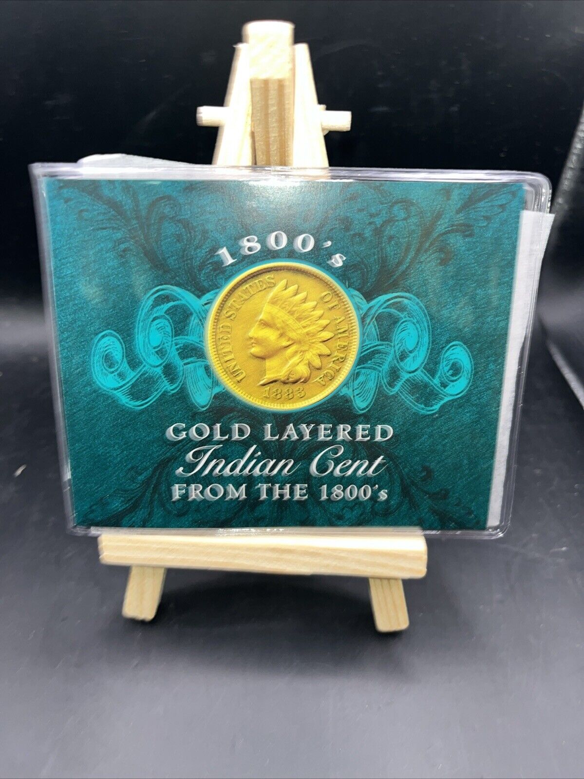 1800's Indian Head Cent Gold Layered in Info Card. COA.
