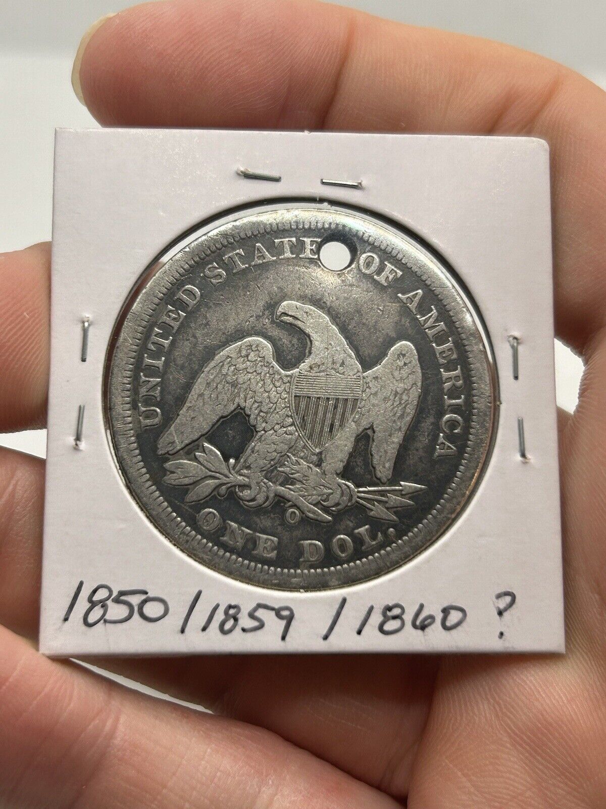 1800s O SEATED LIBERTY SILVER DOLLAR VG+ DETAILS HOLED NICE TYPE COIN