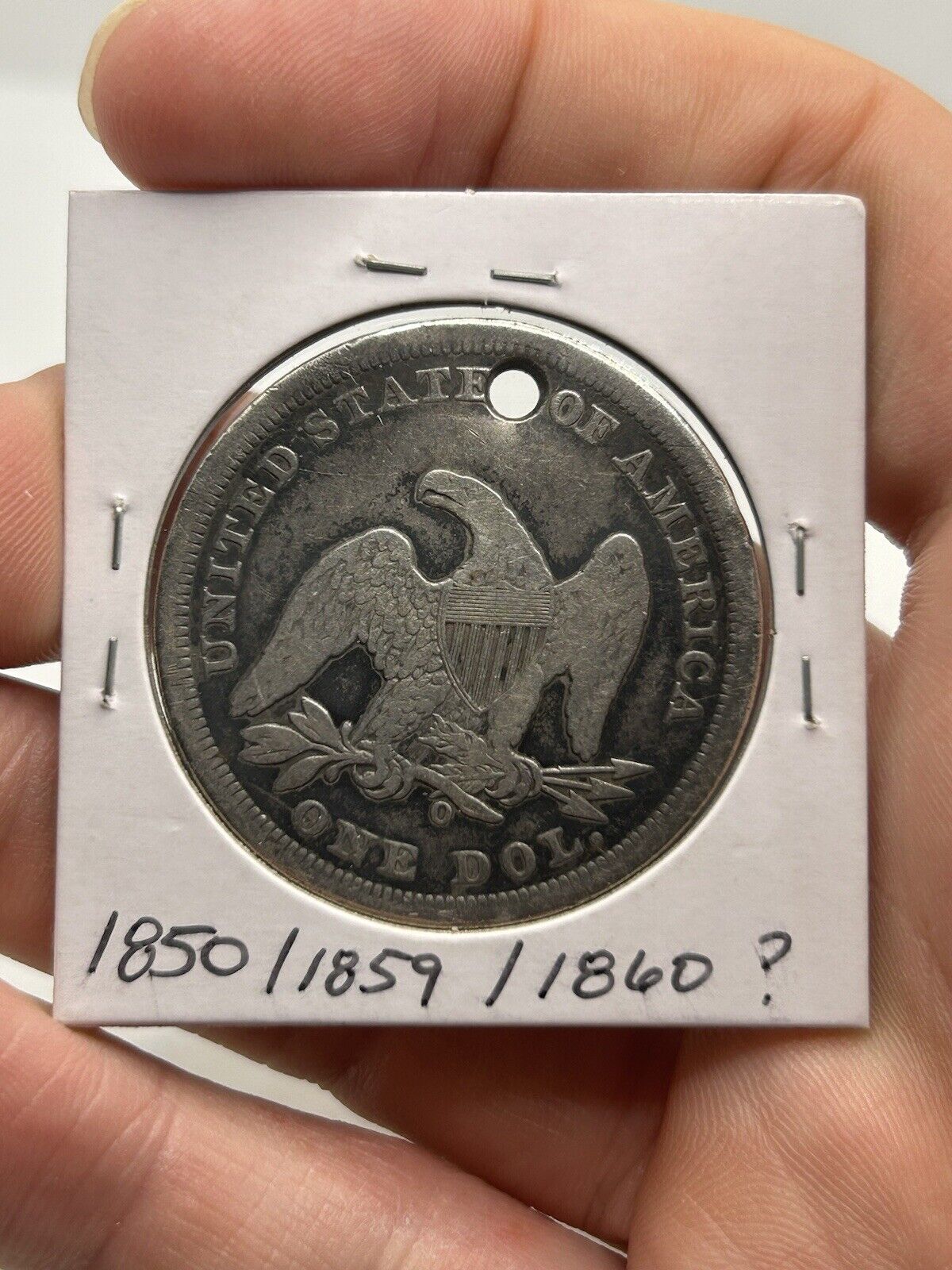 1800s O SEATED LIBERTY SILVER DOLLAR VG+ DETAILS HOLED NICE TYPE COIN