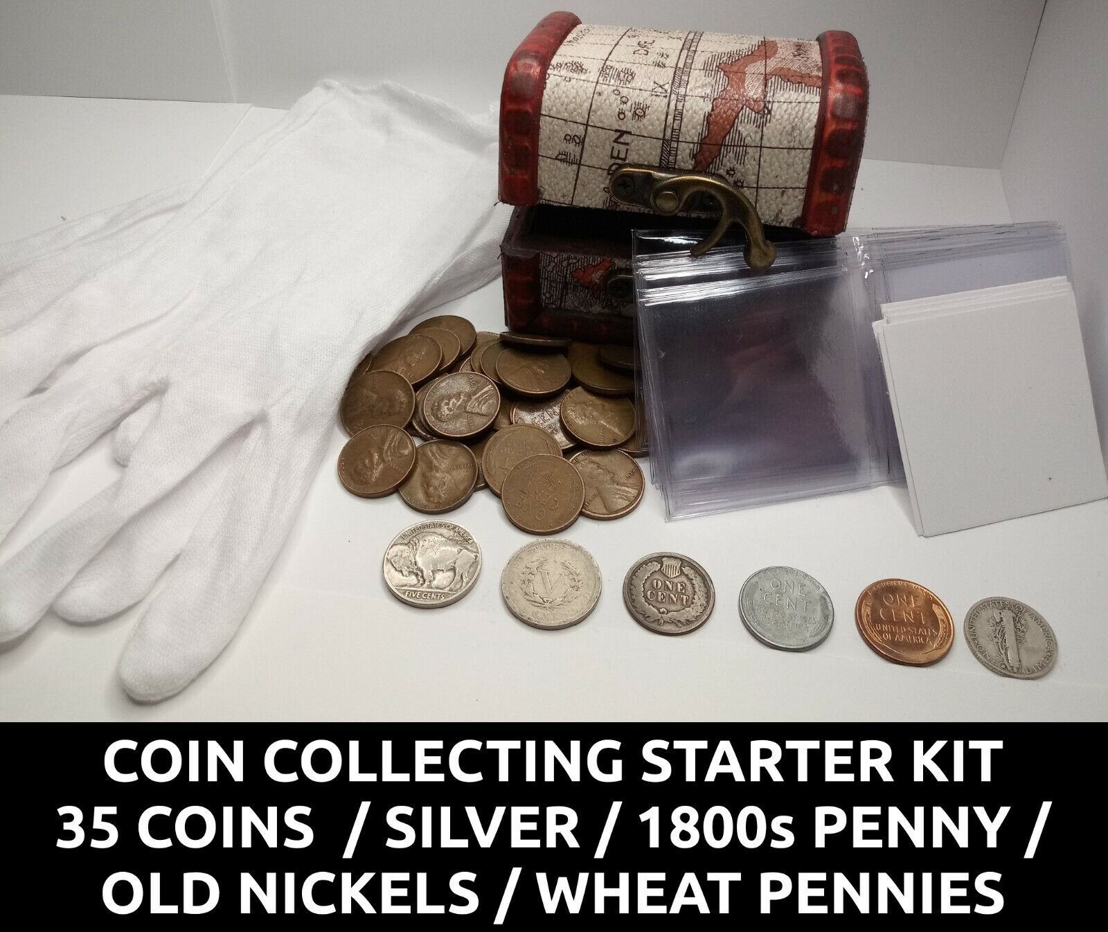 Coin Collecting Starter Kit - 35 coins, 1800s penny, silver, old nickels +more