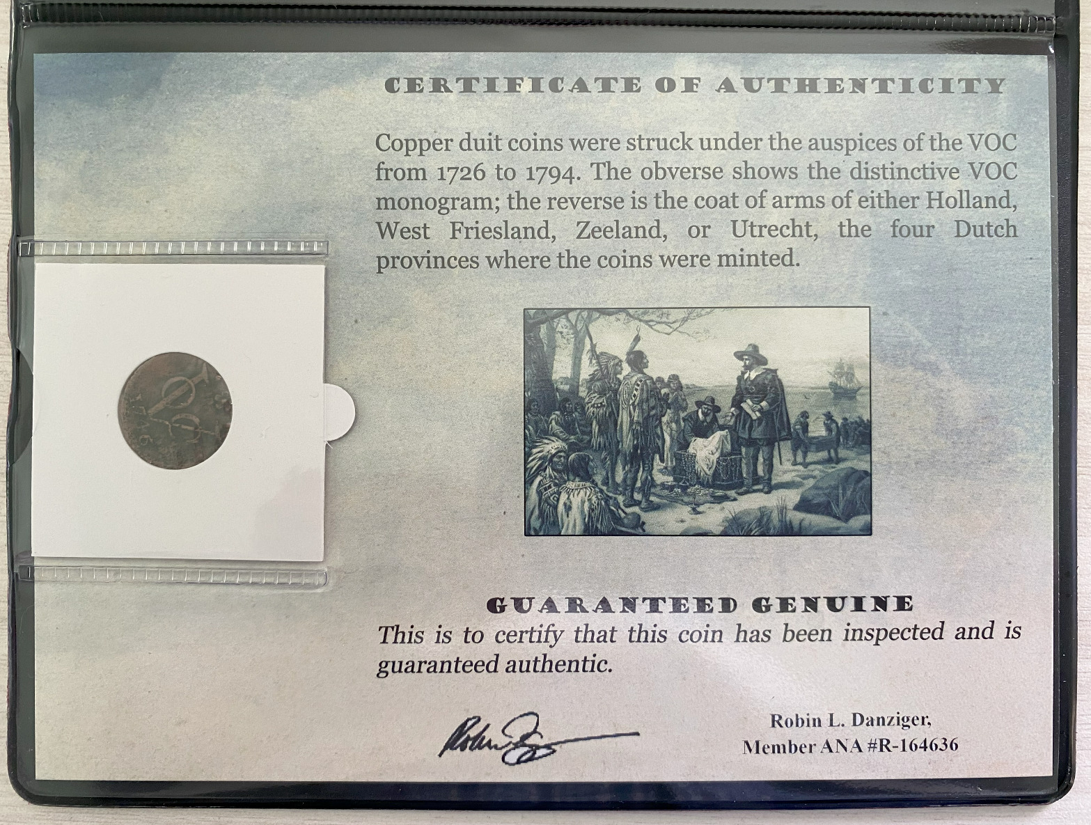 First New York Penny VOC Copper Coin 1700's - COA & History & Holder & Album Inc