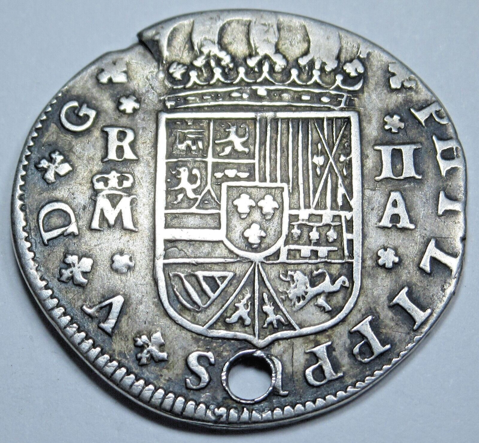 1721 Holed AU Spanish Silver 2 Reales 1700's Colonial Cross Pirate Treasure Coin