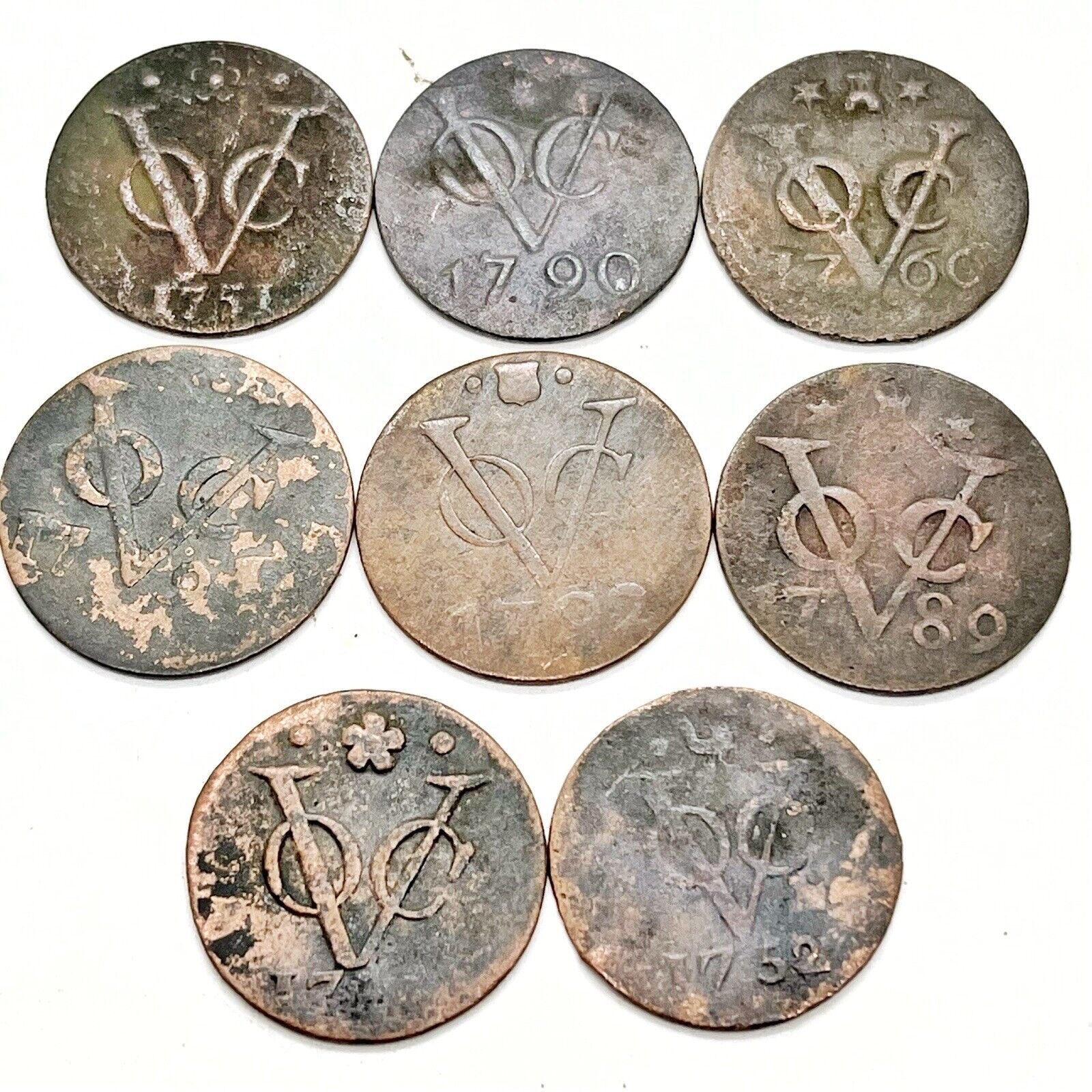 8 Variety Lot 1700’s Dutch Copper Duit Indonesian Shipwreck Coins VOC Artifact