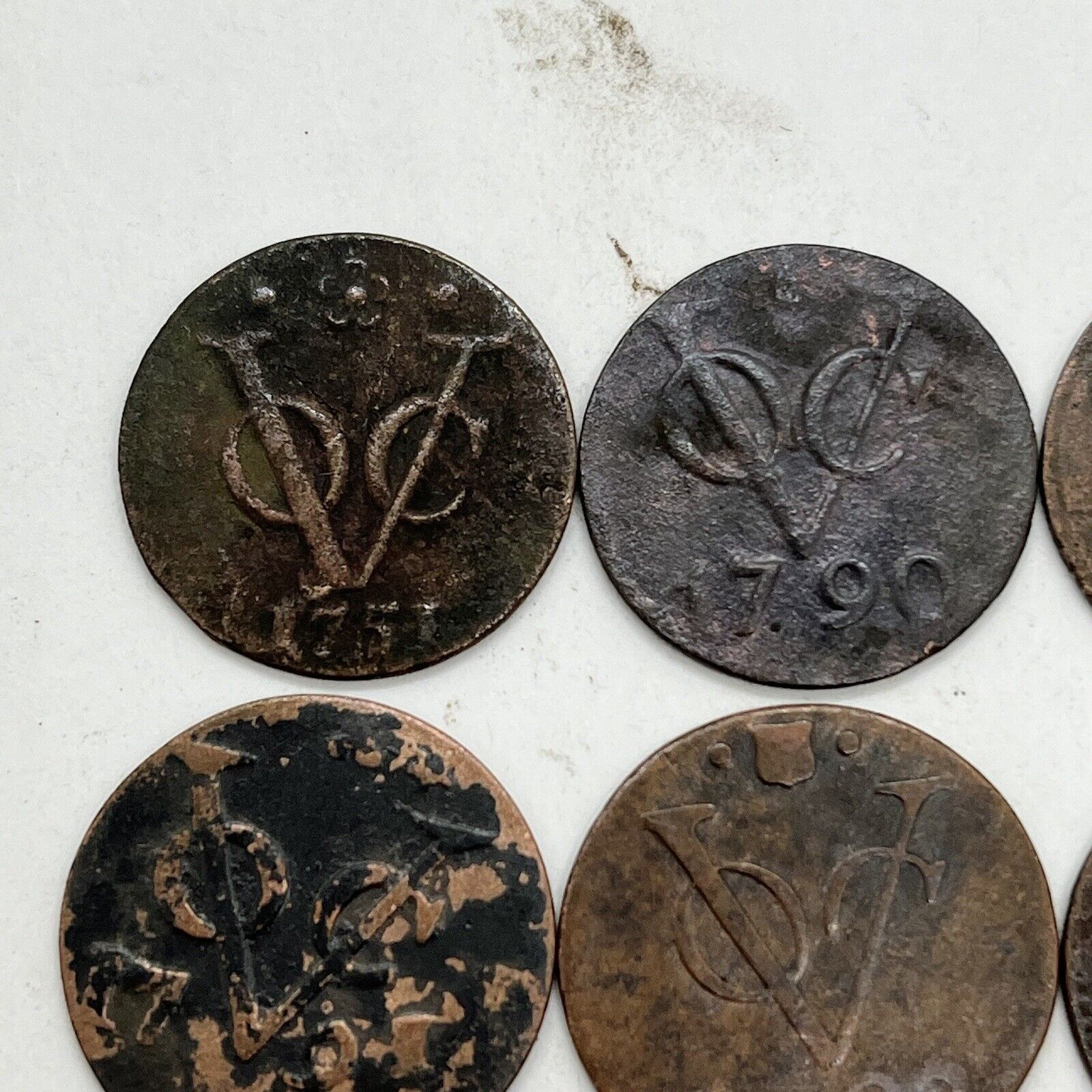 8 Variety Lot 1700’s Dutch Copper Duit Indonesian Shipwreck Coins VOC Artifact