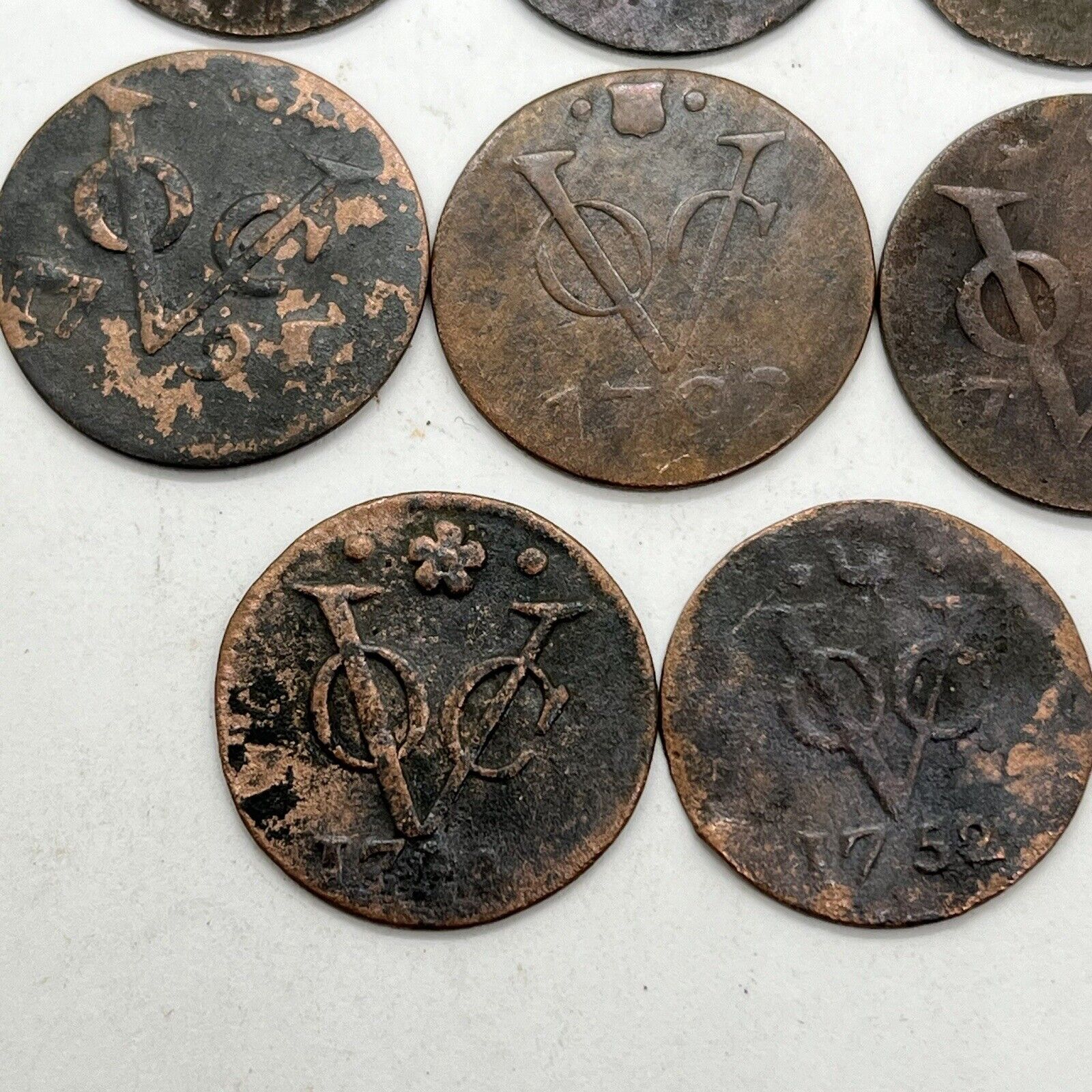 8 Variety Lot 1700’s Dutch Copper Duit Indonesian Shipwreck Coins VOC Artifact