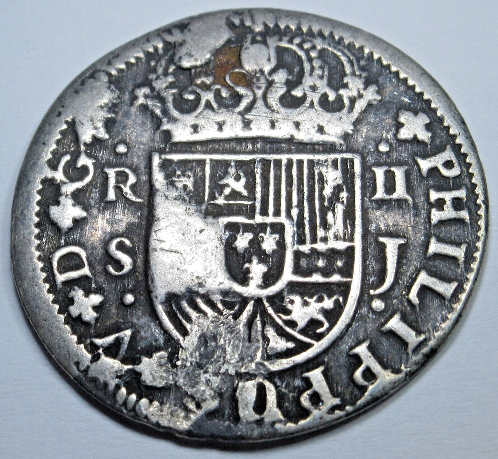1725 Plugged Spanish Silver 2 Reales 1700's Colonial Cross Pirate Treasure Coin