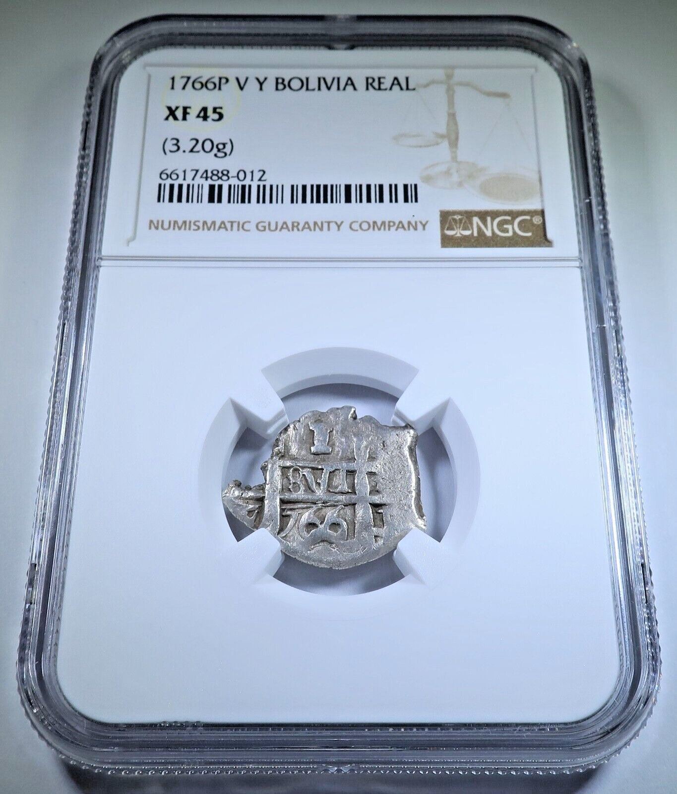 NGC XF-45 1766 Spanish Bolivia Silver 1 Reales Genuine 1700's Pirate Cob Coin