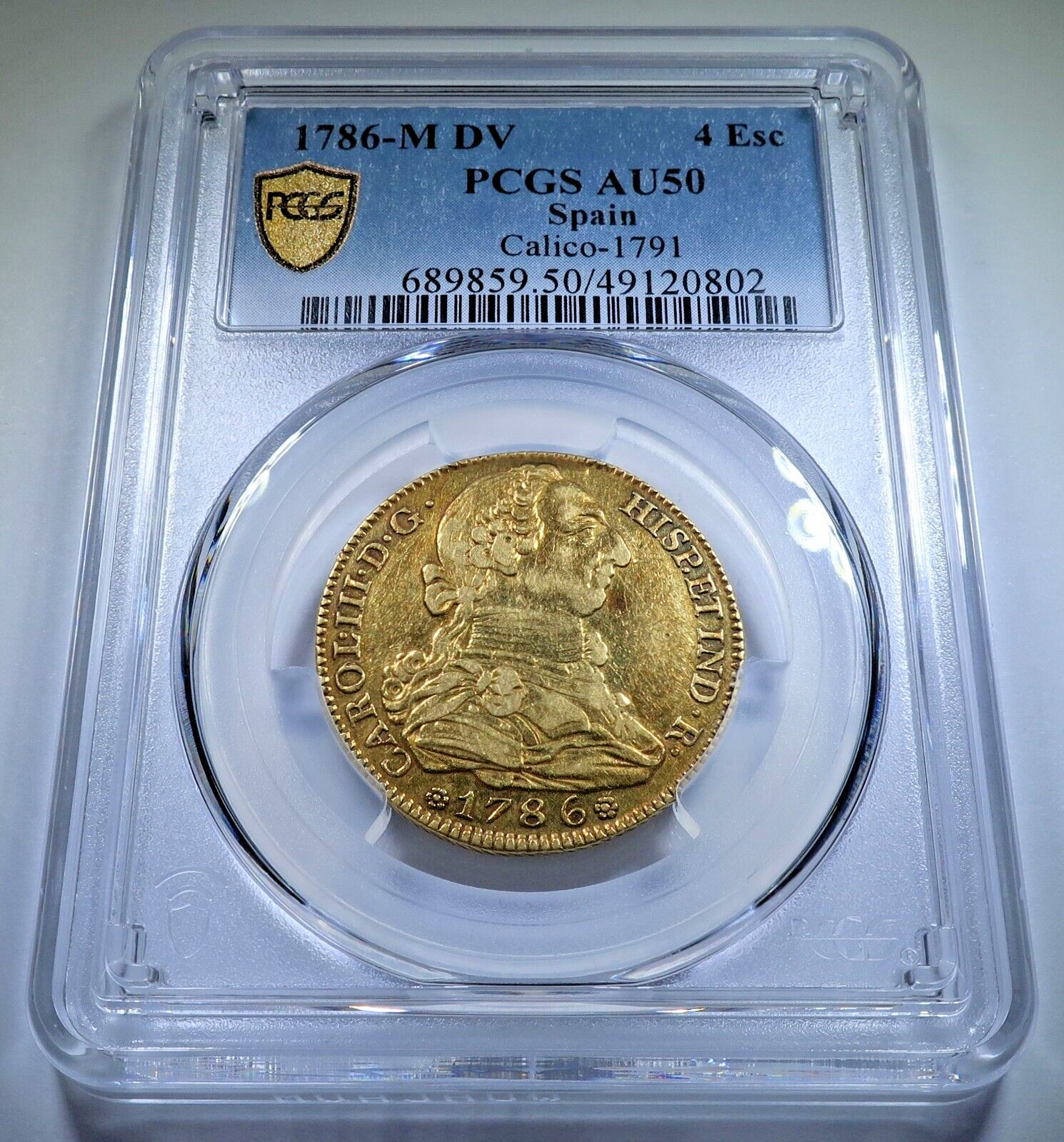 PCGS AU-50 1786 Spanish Gold 4 Escudo Doubloon Antique 1700's Colonial Coin