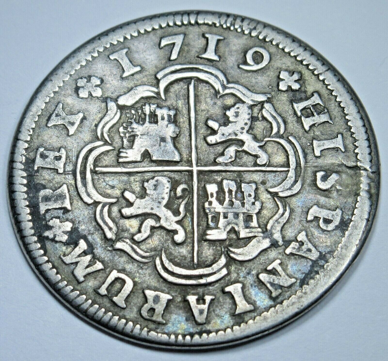 1719 Spanish Silver 2 Reales Antique 1700's Colonial Cross Pirate Treasure Coin