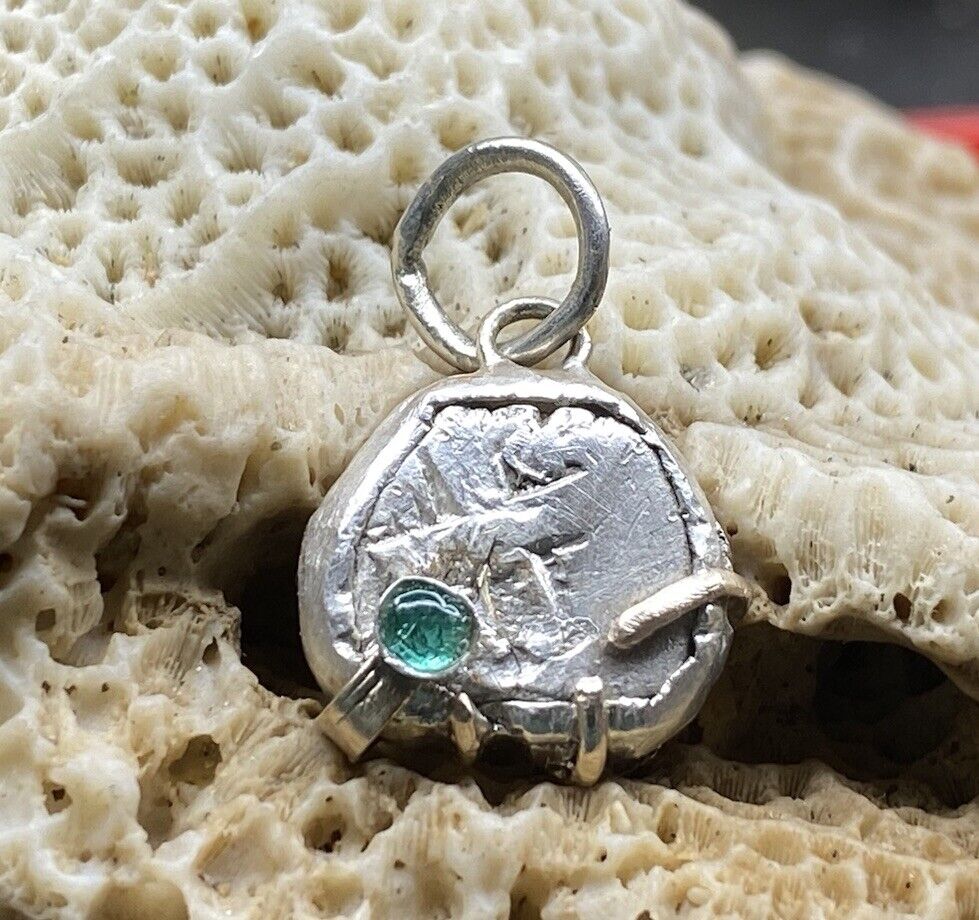 Authentic Spanish-Colonial 1/2-Real Silver Shipwreck Cob Coin & Emerald in Bezel