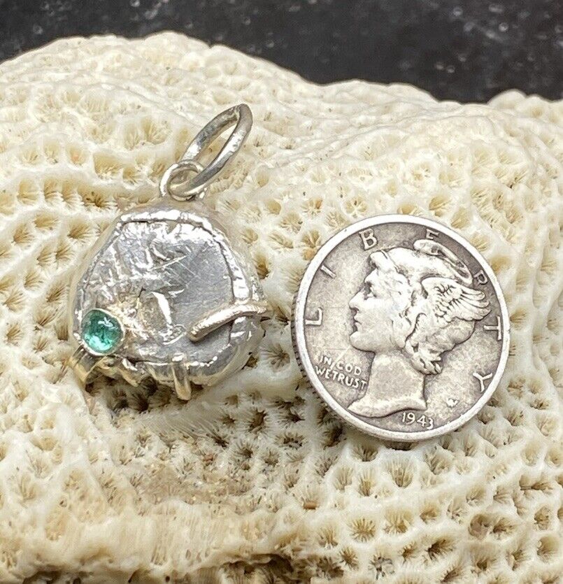 Authentic Spanish-Colonial 1/2-Real Silver Shipwreck Cob Coin & Emerald in Bezel