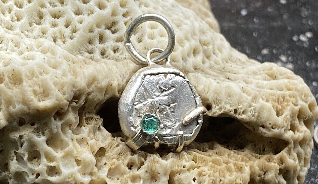Authentic Spanish-Colonial 1/2-Real Silver Shipwreck Cob Coin & Emerald in Bezel