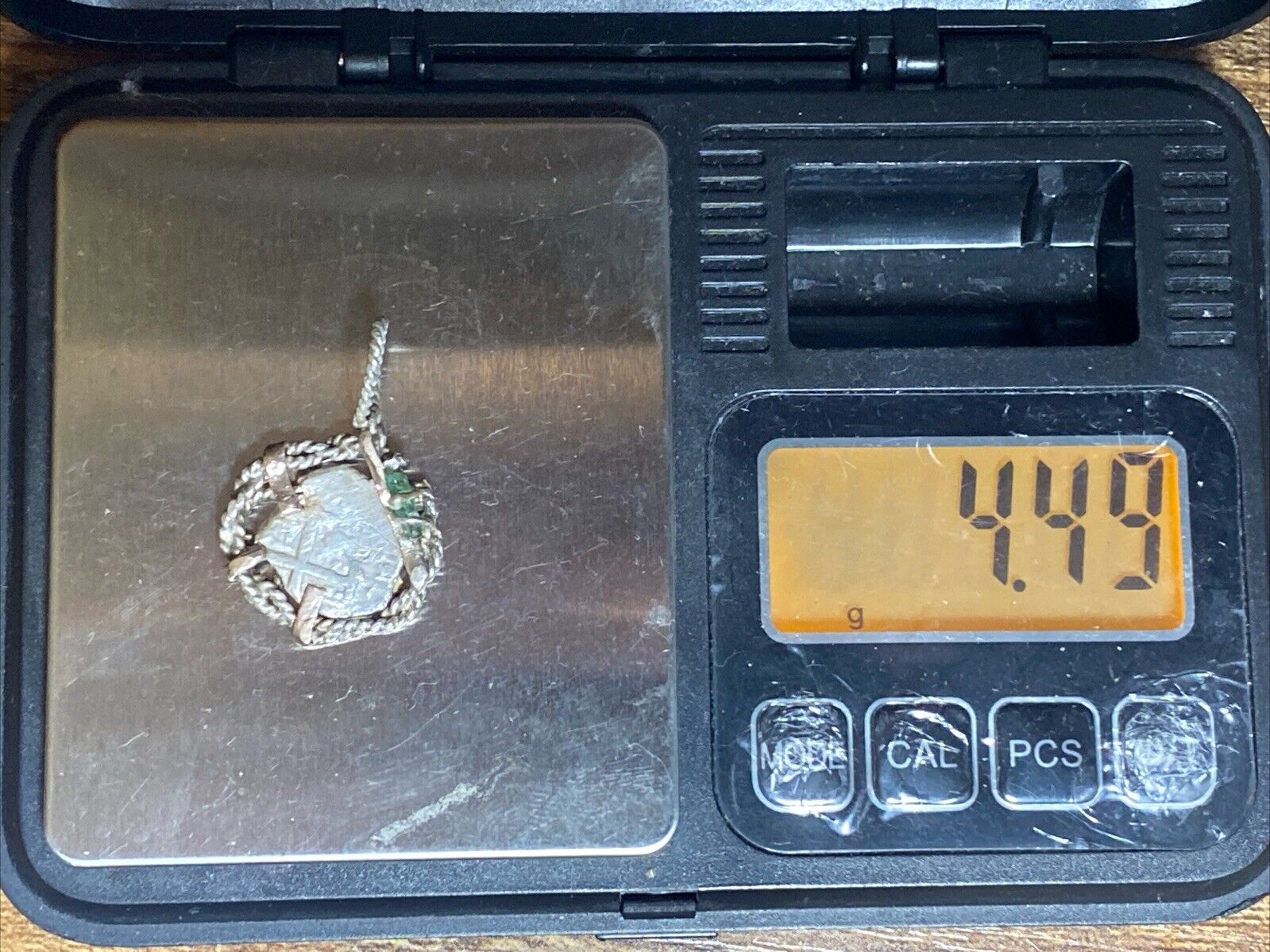 Authentic Spanish-Colonial Half-Real Silver Shipwreck Cob Coin &Emerald in Bezel