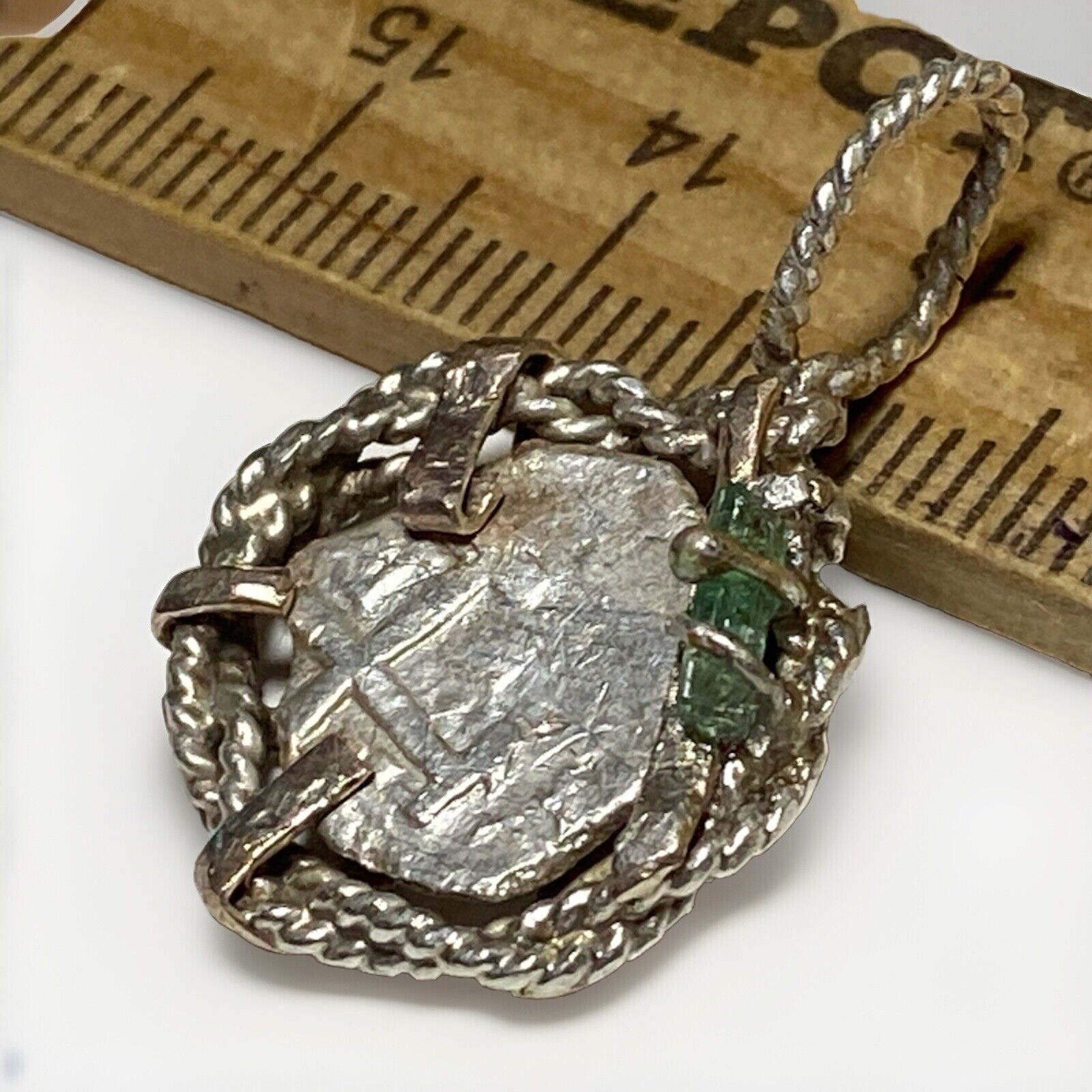 Authentic Spanish-Colonial Half-Real Silver Shipwreck Cob Coin &Emerald in Bezel
