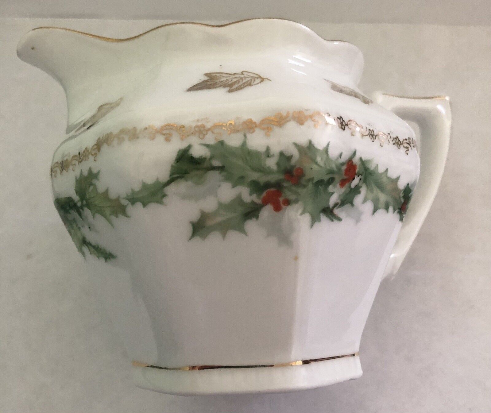 Vintage Z.S. & Co. Bavaria 1900's Christmas "Holly & Berry" Gold Creamer Pitcher