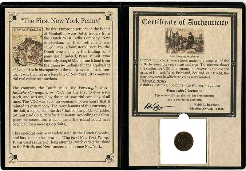First New York Penny VOC Copper Coin 1700's - COA & History & Holder & Album Inc