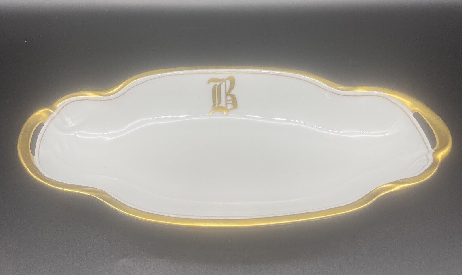J C Louise Bavaria Monogrammed White Dish w/ Gold Trim Early 1900’s Signed 13.5”