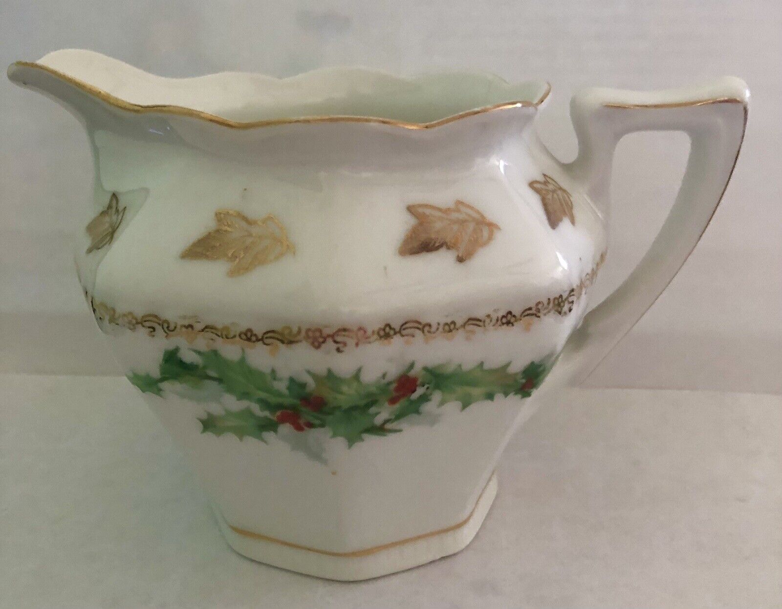 Vintage Z.S. & Co. Bavaria 1900's Christmas "Holly & Berry" Gold Creamer Pitcher