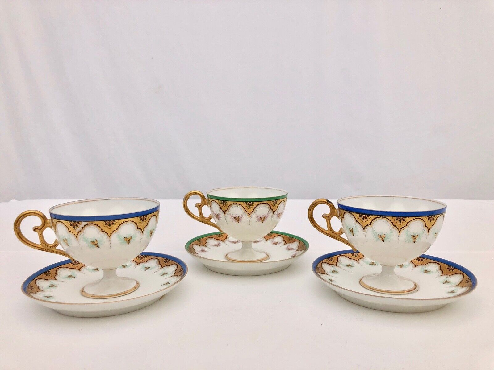 Set of Three Bone China Tea Cups with Pedestal Bottom, Saucers Early 1900s