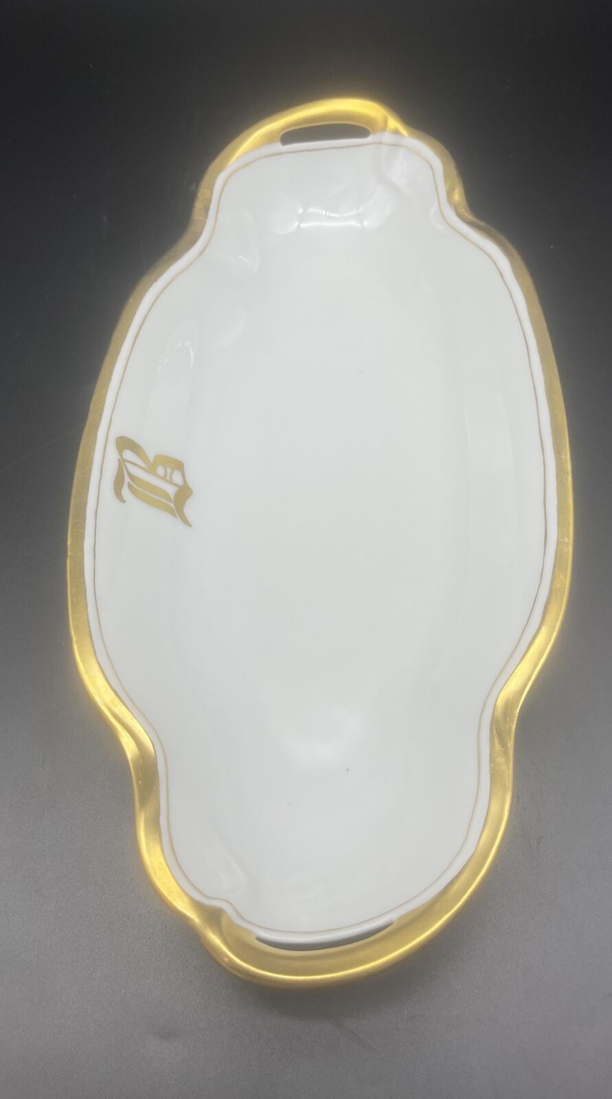 J C Louise Bavaria Monogrammed White Dish w/ Gold Trim Early 1900’s Signed 13.5”