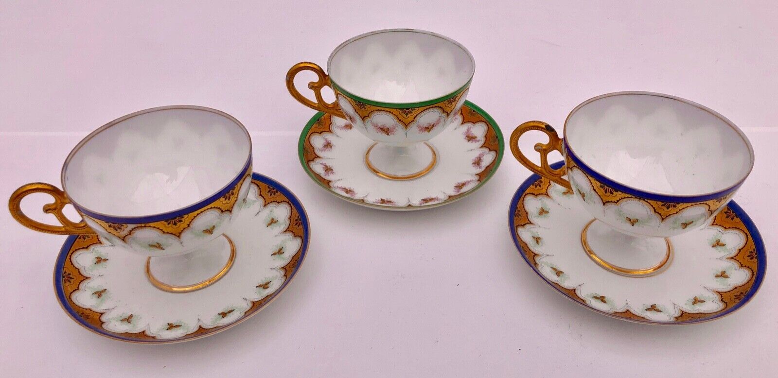 Set of Three Bone China Tea Cups with Pedestal Bottom, Saucers Early 1900s