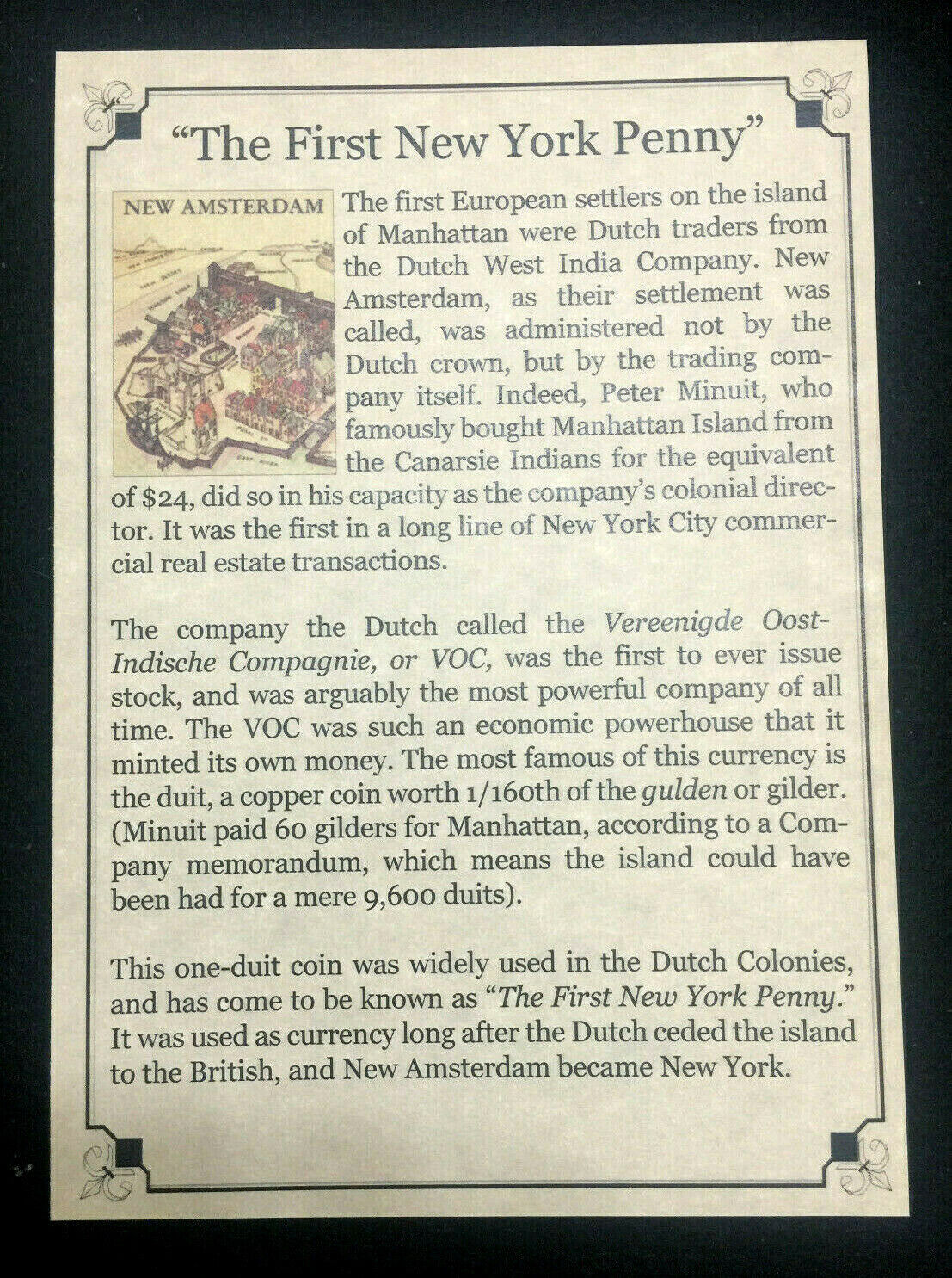 First New York Penny VOC Copper Coin 1700's - COA & History & Holder & Album Inc