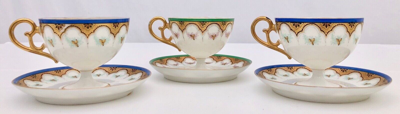Set of Three Bone China Tea Cups with Pedestal Bottom, Saucers Early 1900s