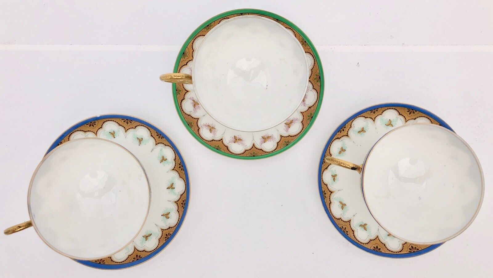 Set of Three Bone China Tea Cups with Pedestal Bottom, Saucers Early 1900s