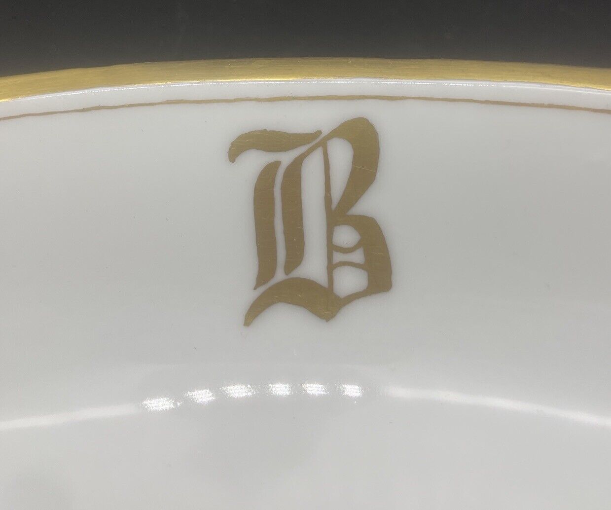 J C Louise Bavaria Monogrammed White Dish w/ Gold Trim Early 1900’s Signed 13.5”