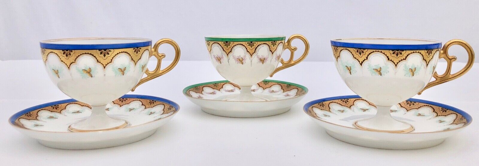 Set of Three Bone China Tea Cups with Pedestal Bottom, Saucers Early 1900s