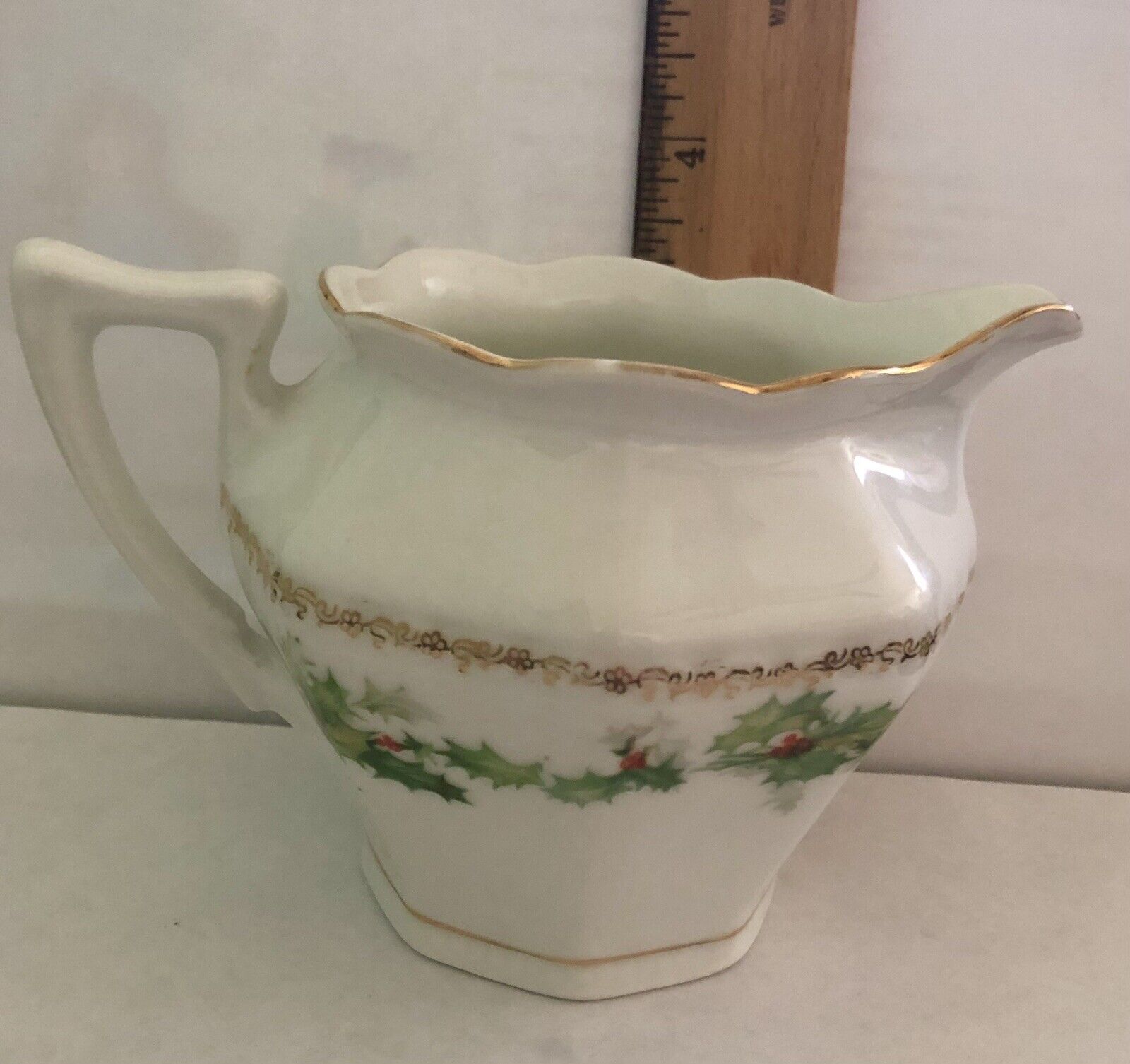 Vintage Z.S. & Co. Bavaria 1900's Christmas "Holly & Berry" Gold Creamer Pitcher