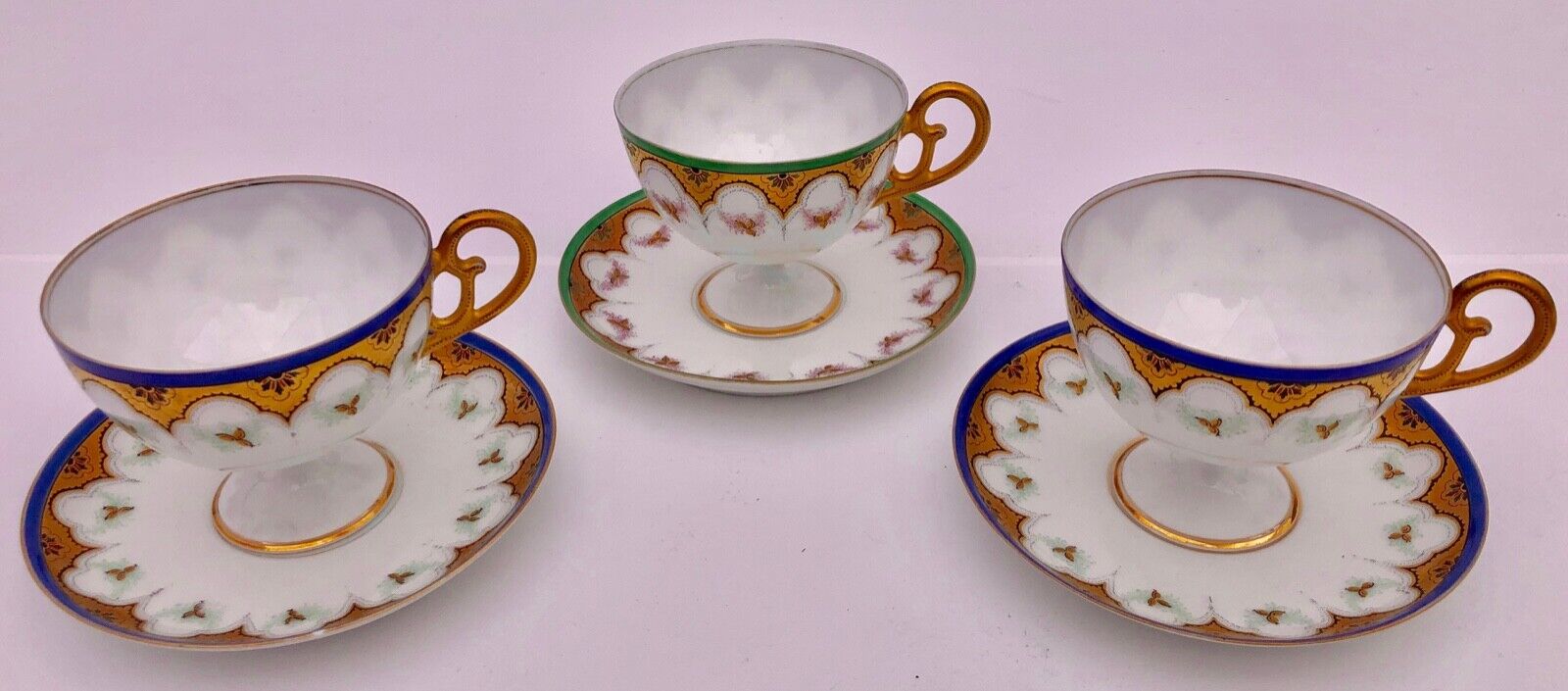 Set of Three Bone China Tea Cups with Pedestal Bottom, Saucers Early 1900s