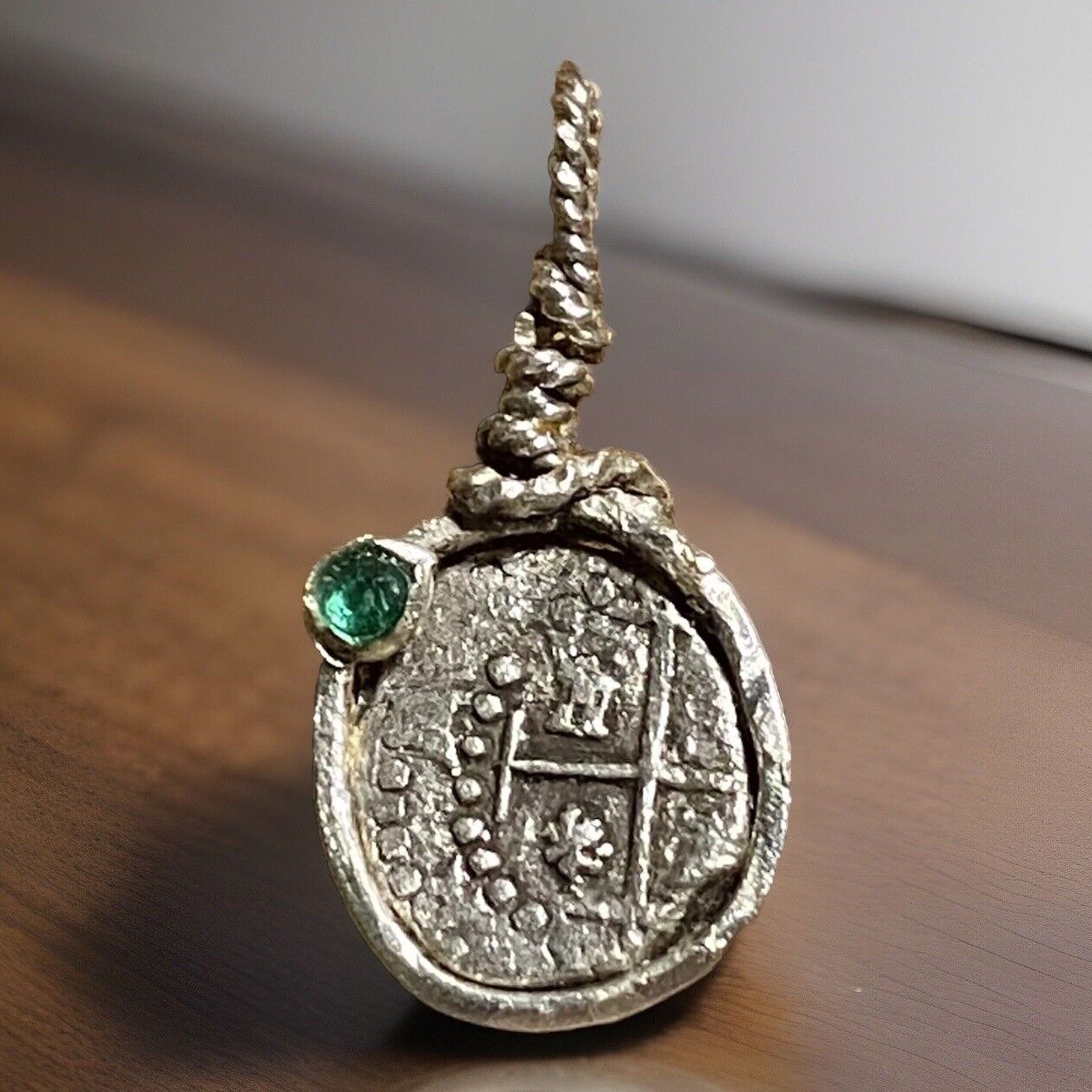 Authentic Spanish-Colonial 1/2-Real Silver Shipwreck Cob Coin & Emerald in Bezel