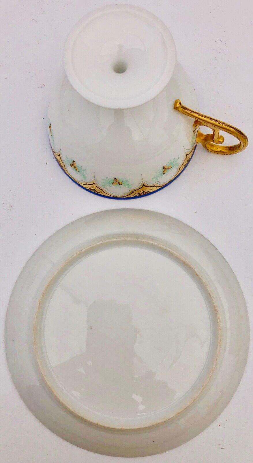 Set of Three Bone China Tea Cups with Pedestal Bottom, Saucers Early 1900s
