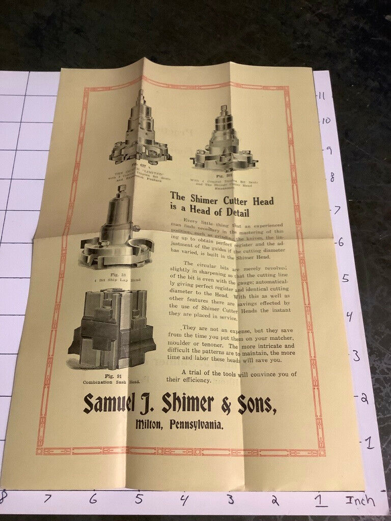 Original early 1900's Flyer: SAMUAL J SHIMER & Sons - milton Pa. - CUTTER HEAD