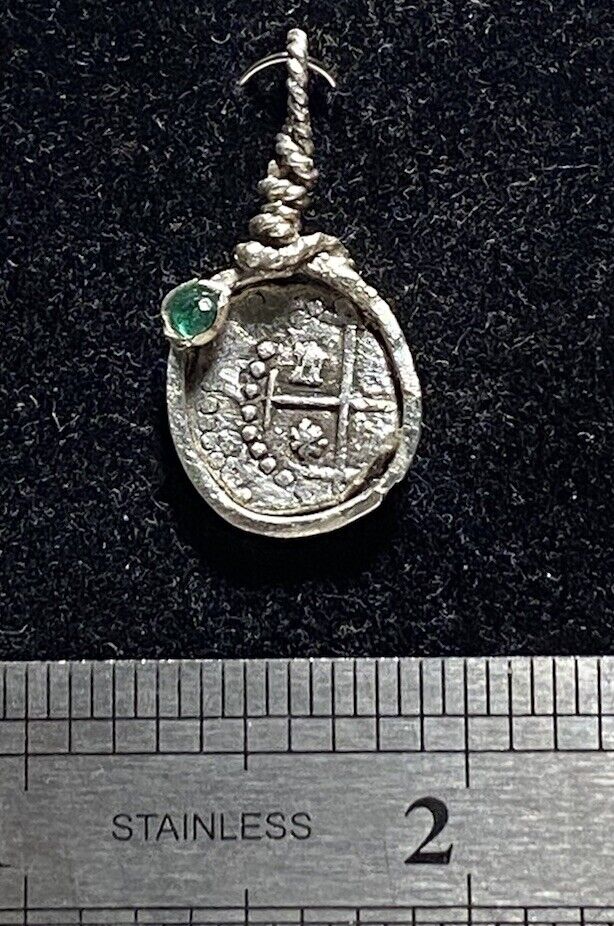 Authentic Spanish-Colonial 1/2-Real Silver Shipwreck Cob Coin & Emerald in Bezel