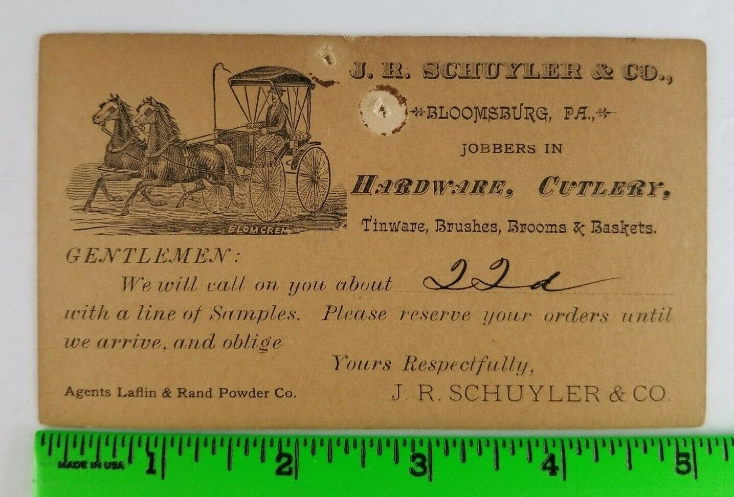 Vintage 1900s Hardware Cutlery Brooms Bloomsburg Pennsylvania Business Card