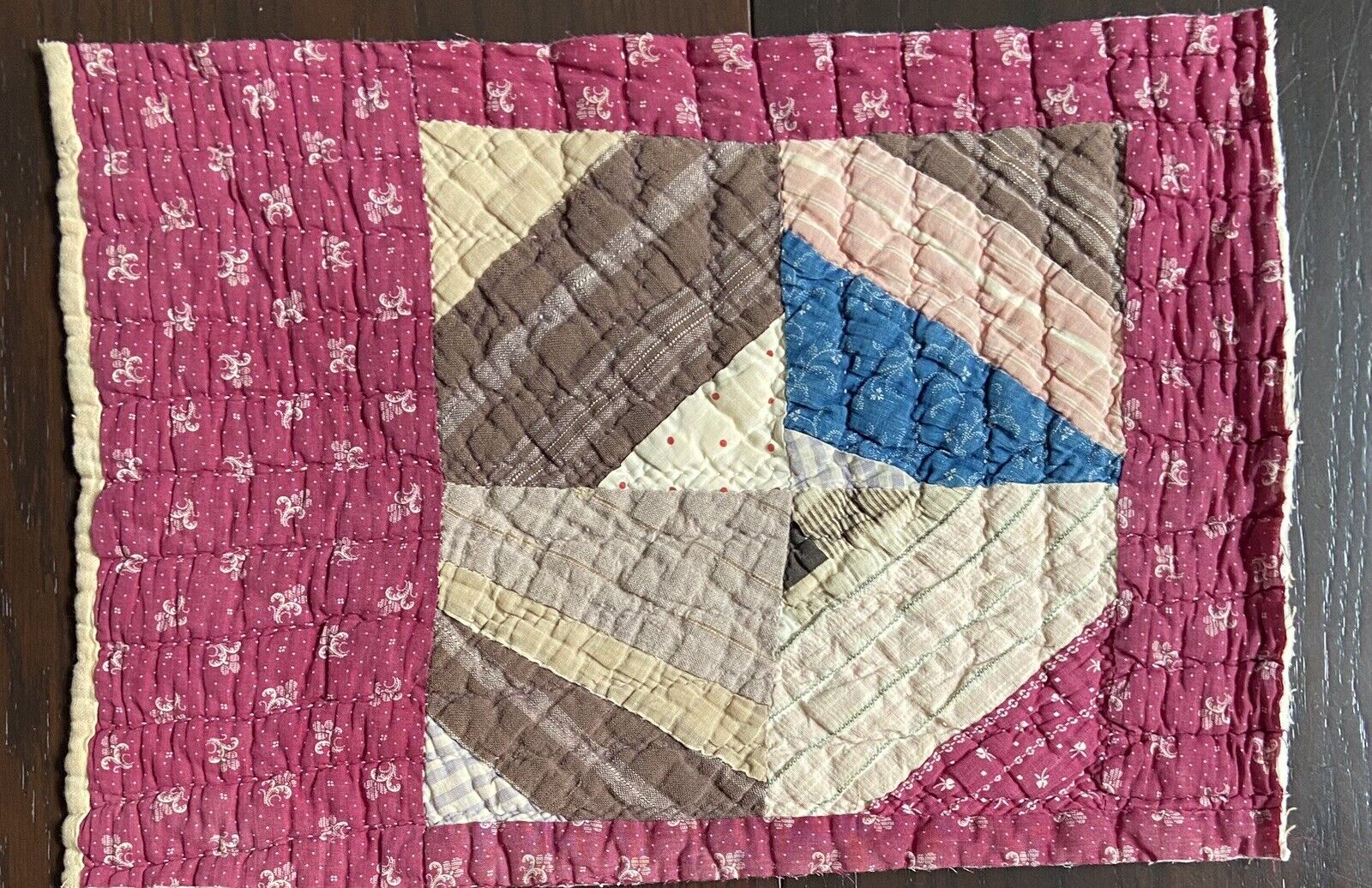 Antique Quilt Piece early 1900’s Cutter 13”X19” Burgundy Blue Brown